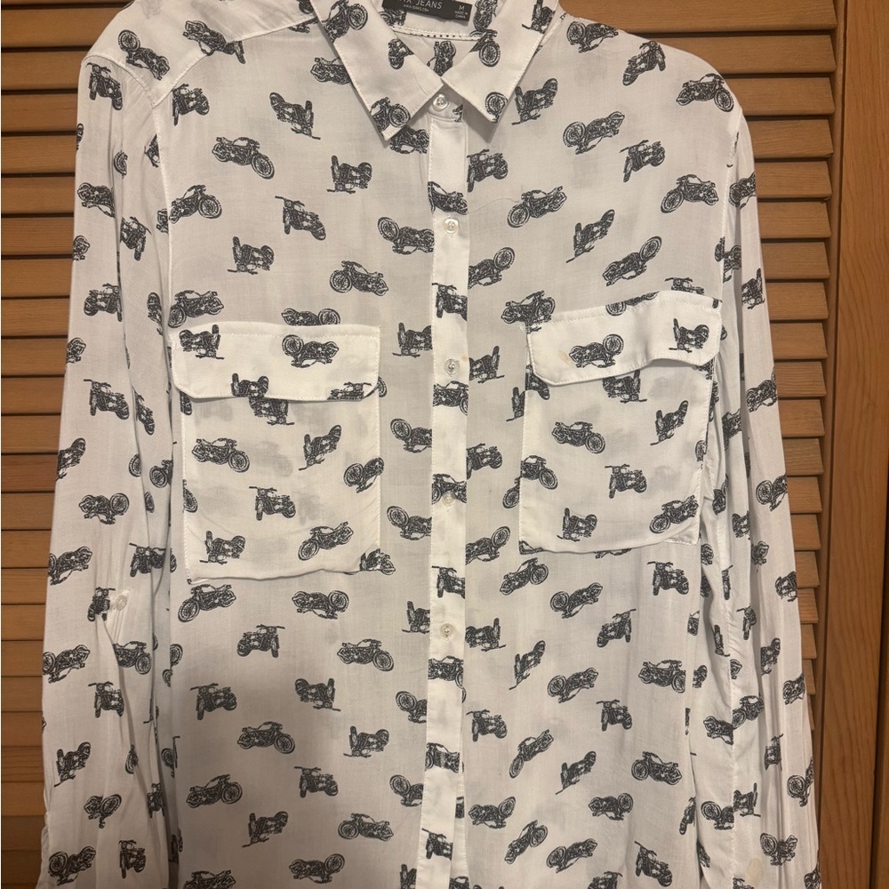 Ladies White Motorcycle Print Shirt